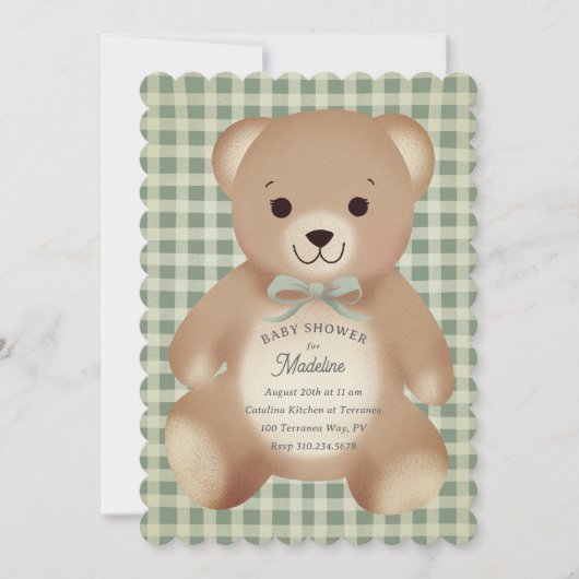 Teddybär-Bogen-Plüsch Gingham Antique Sage Einladung (Vorderseite)
