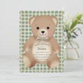 Teddybär-Bogen-Plüsch Gingham Antique Sage Einladung (Stehend Vorderseite)