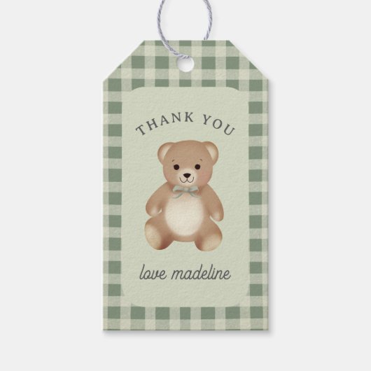 Teddybär-Bogen-Plüsch Gingham Antique Sage Geschenkanhänger (Vorderseite)