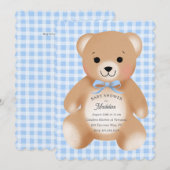 Teddybär-Bogen-Plüsch Gingham Blau Einladung (Vorne/Hinten)