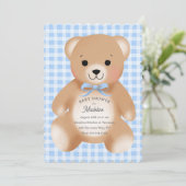 Teddybär-Bogen-Plüsch Gingham Blau Einladung (Stehend Vorderseite)
