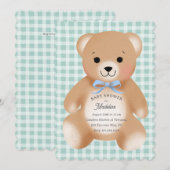 Teddybär-Bogen-Plüsch Gingham Blau Salbei Einladung (Vorne/Hinten)