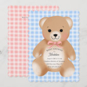 Teddybär-Bogen-Plüsch Gingham Rosa Blau Einladung (Vorne/Hinten)