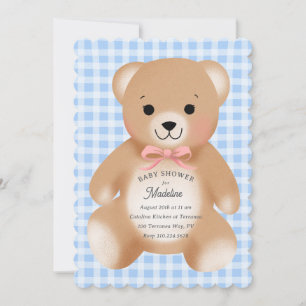 Teddybär-Bogen-Plüsch Gingham Rosa Blau Einladung