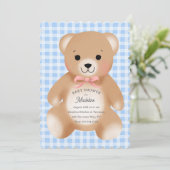 Teddybär-Bogen-Plüsch Gingham Rosa Blau Einladung (Stehend Vorderseite)