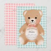 Teddybär-Bogen-Plüsch Gingham Sage Pink Einladung (Vorne/Hinten)