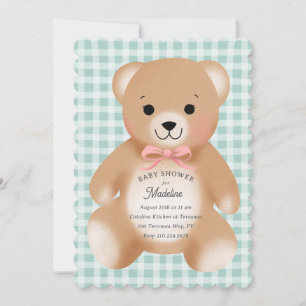 Teddybär-Bogen-Plüsch Gingham Sage Pink Einladung