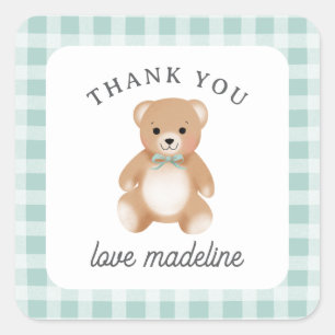Teddybär-Bogen-Plüsch Gingham Salbei Baby Shower Quadratischer Aufkleber