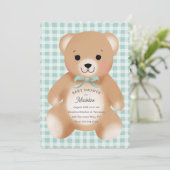 Teddybär-Bogen-Plüsch Gingham Salbeigrün Einladung (Stehend Vorderseite)