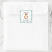 Teddybär-Bogen-Plüschtier Gingham Sage Pink Quadratischer Aufkleber (Tasche)