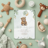 Teddybär Braun Salbei Grüne Ballons Baby Einladung