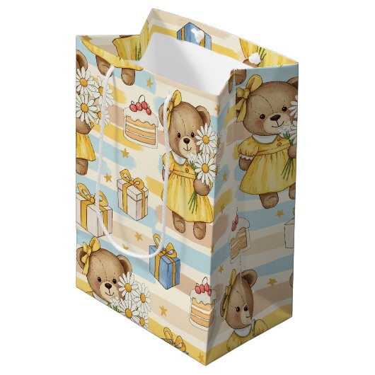 Teddybär-Daisy-Gartenmuster (5) Mittlere Geschenktüte (Vorderseite Schrägansicht)