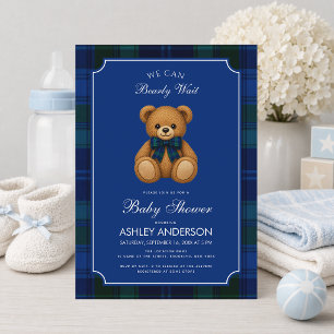 Teddybär-Elegant-Blaukariert-Jungen-Baby-Party Einladung