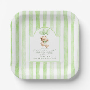 Teddybär Elegant Hellgrün Streifen Baby Shower Pappteller