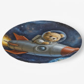 Teddybär fliegt in einem Raumschiff Pappteller (Schrägansicht)