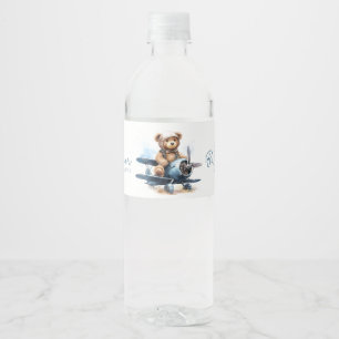Teddybär-Flugzeug-Aquarell-Jungen-Baby-Party Wasserflaschenetikett