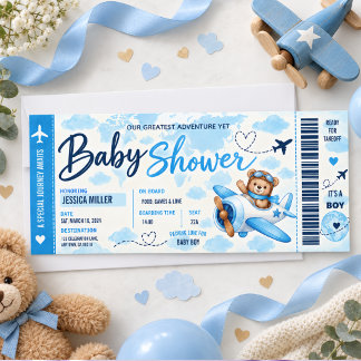 Teddybär-Flugzeug-Einsteigekarte-Junge-Baby-Party Einladung