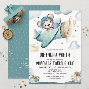 Teddybär-Flugzeug-Geburtstag Einladung