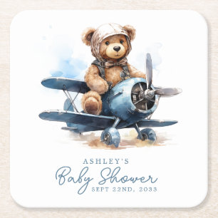 Teddybär Flugzeug Wasserfarbe Jungen Baby Shower Rechteckiger Pappuntersetzer