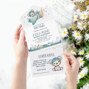 Teddybär-Flugzeug-Windel-Raffle und Babyparty All In One Einladung