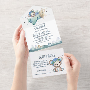 Teddybär-Flugzeug-Windel-Verlosung und Babyparty All In One Einladung