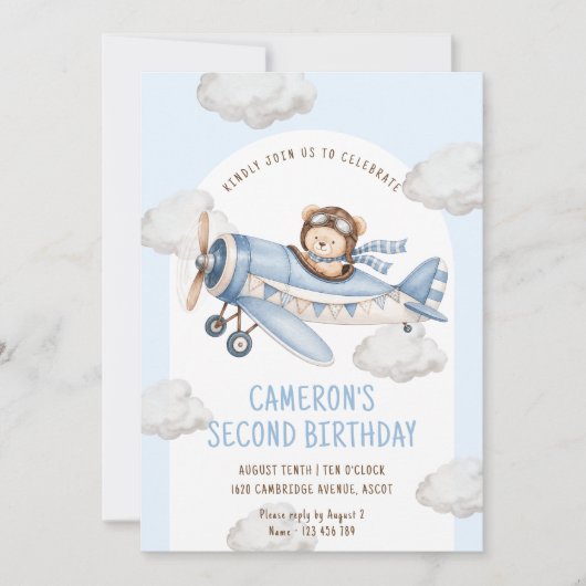 Teddybär-Flugzeug zweite Geburtstag Einladung (Vorderseite)