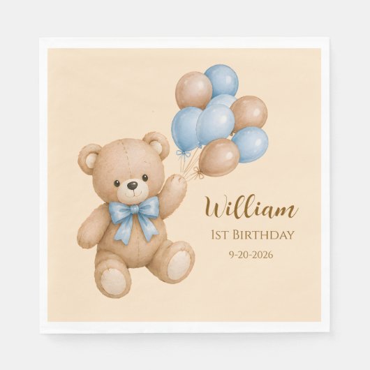 Teddybär Geburtstagsballons personalisierter Name Serviette (Vorderseite)