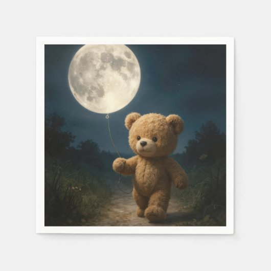Teddybär geht mit einem Mondballon Serviette (Vorderseite)
