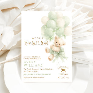 Teddybär Grün Ballon Schleife Neutral Baby-Party Einladung