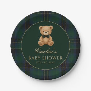 Teddybär Grün Tartan Baby Shower Papier Teller