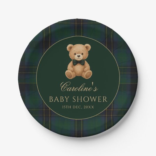 Teddybär Grün Tartan Baby Shower Papier Teller (Vorderseite)