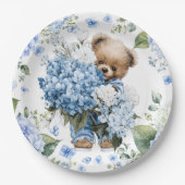 Teddybär hält Hortensienblumen Pappteller (Vorderseite)