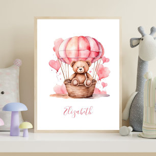 Teddybär Heißluftballon Rosa Mädchen-Kinderzimmer Poster