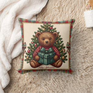 Teddybär im Vintage-Weihnachtsbaum-Karomuster Kissen