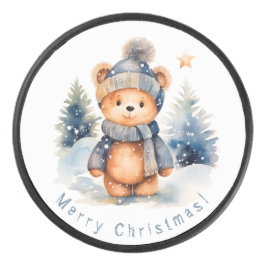 Teddybär im Wald, personalisiert Eishockey Puck