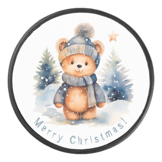 Teddybär im Wald, personalisiert Eishockey Puck (Vorderseite)