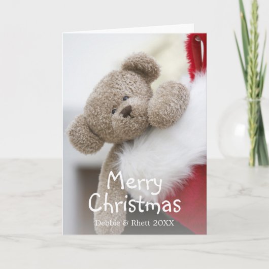 Teddybär im WeihnachtsStrumpf Feiertagskarte (Vorderseite)