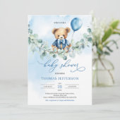Teddybär in Aquarellblau und Braun mit Ballon Einladung (Stehend Vorderseite)