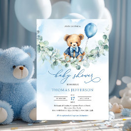 Teddybär in Aquarellblau und Braun mit Ballon Einladung