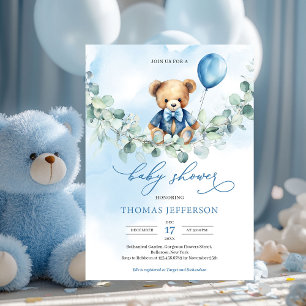 Teddybär in Aquarellblau und Braun mit Ballon Einladung
