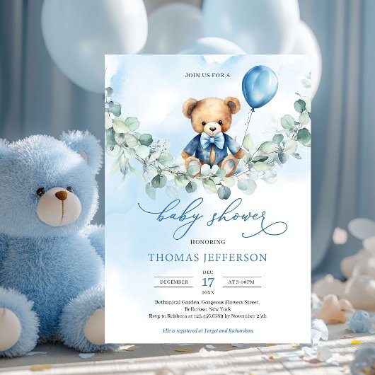 Teddybär in Aquarellblau und Braun mit Ballon Einladung