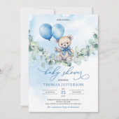 Teddybär in Aquarellblau und Braun mit Ballons Einladung (Vorderseite)