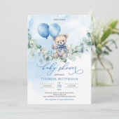 Teddybär in Aquarellblau und Braun mit Ballons Einladung (Stehend Vorderseite)