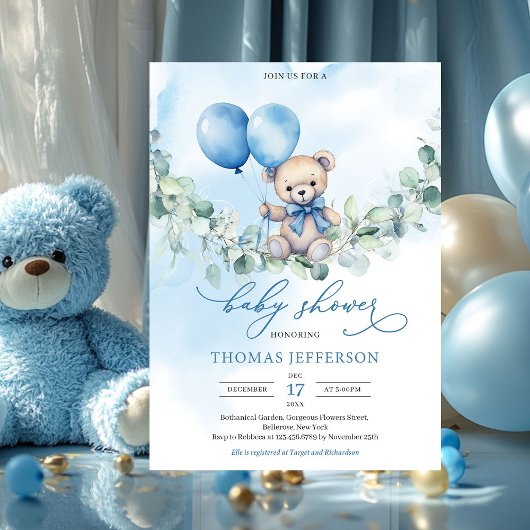 Teddybär in Aquarellblau und Braun mit Ballons Einladung
