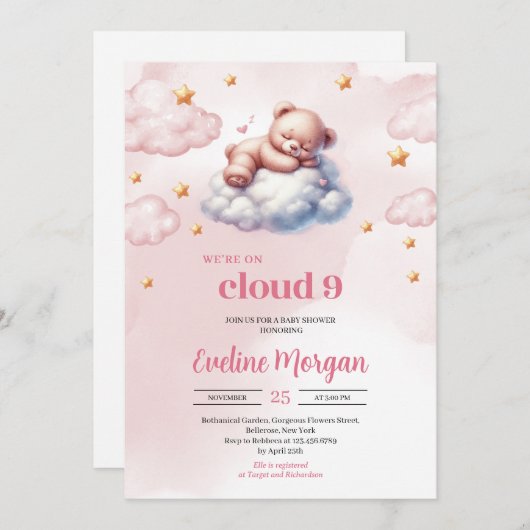 Teddybär in Aquarellfarbe Wolke neun Mädchen Babyd Einladung (Vorne/Hinten)