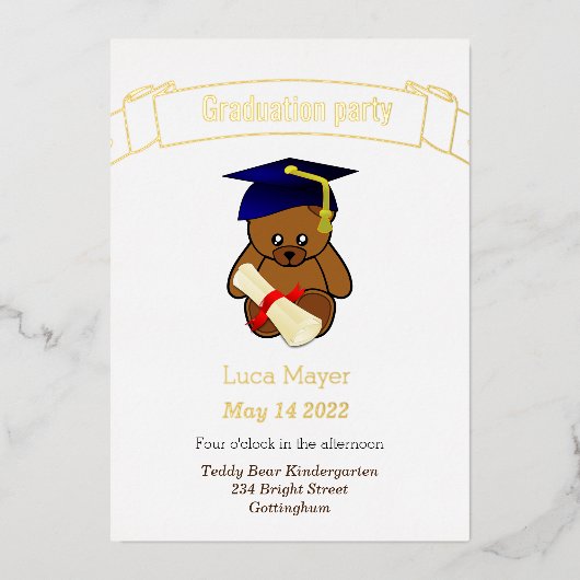 Teddybär in Graduierungskappe Foil Invitation Folieneinladung (Vorderseite)