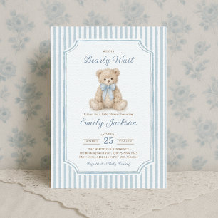 Teddybär-Junge-Baby-Party mit blauen Streifen Einladung