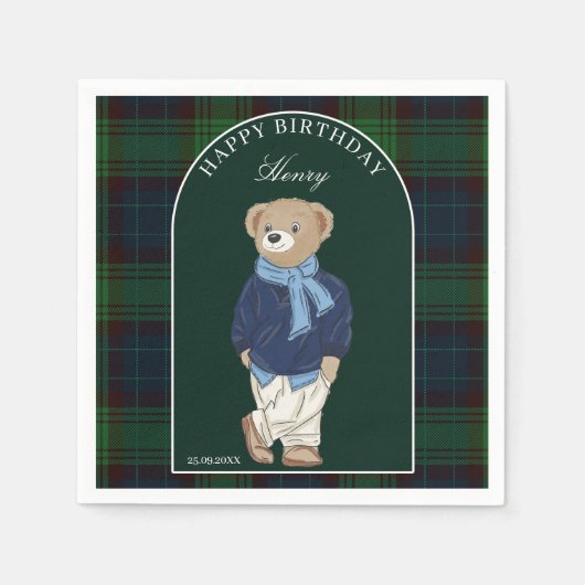 Teddybär klassisch kariert Geburtstagsfeier indivi Serviette (Vorderseite)
