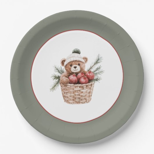 Teddybär Korb Granatäpfel Weihnachten Pappteller (Vorderseite)