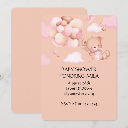 TEDDYBÄR-MÄDCHEN-BABY-SHOWER-EINLADUNG (Vorne/Hinten)